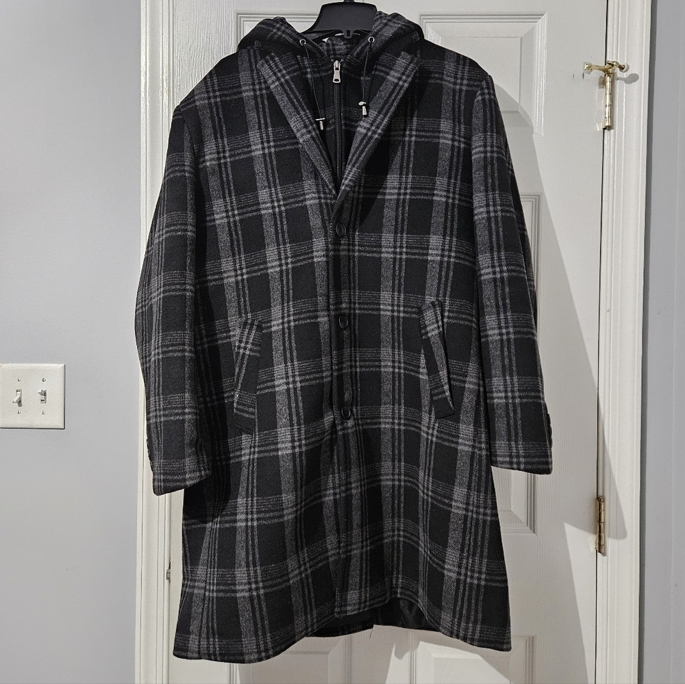 Men's 2 For 1 Plaid Hooded Overcoat - 3XL (See Description)